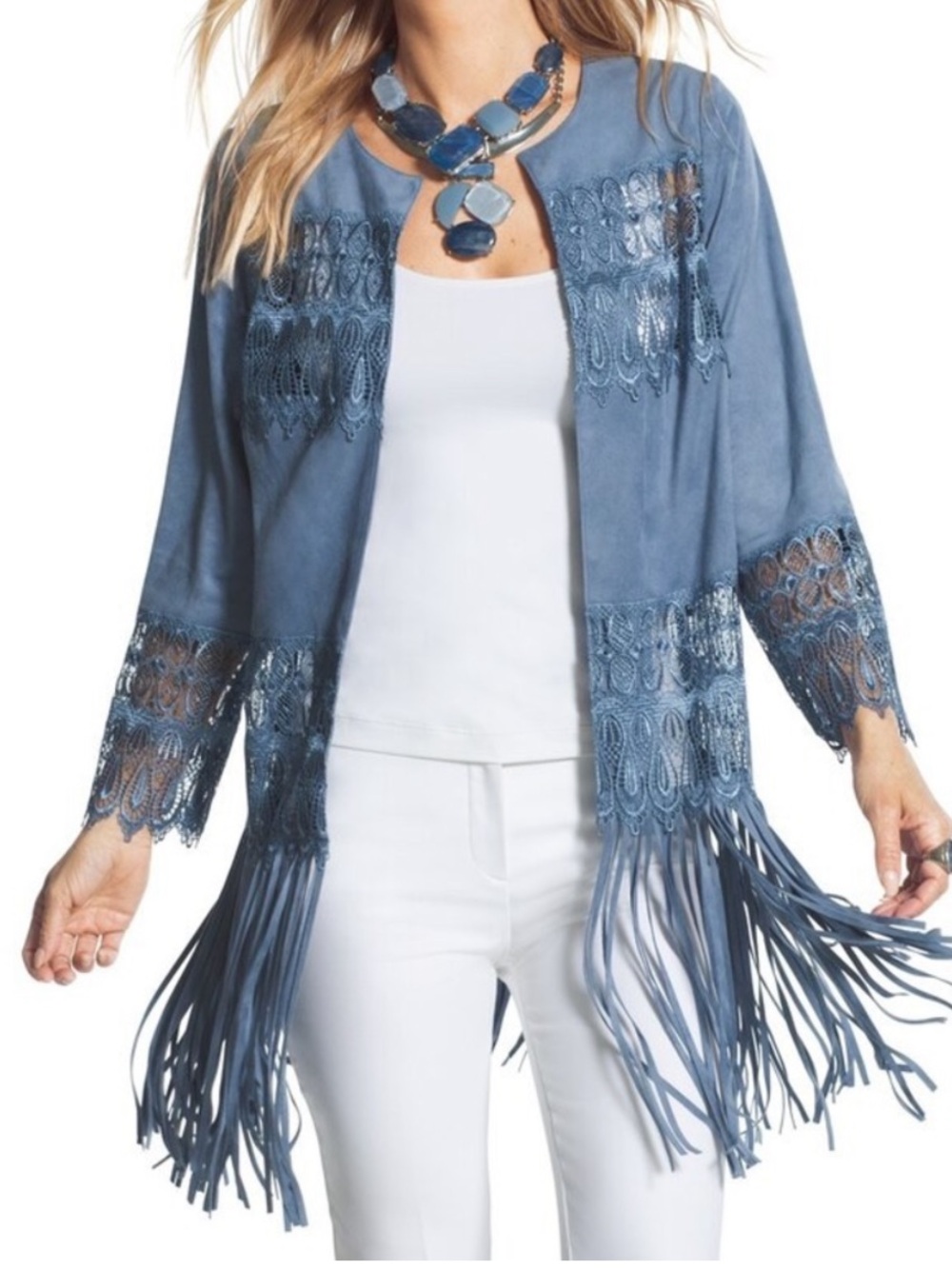 Chicos Faux Suede Fringe Lace Jacket Blue Size 1